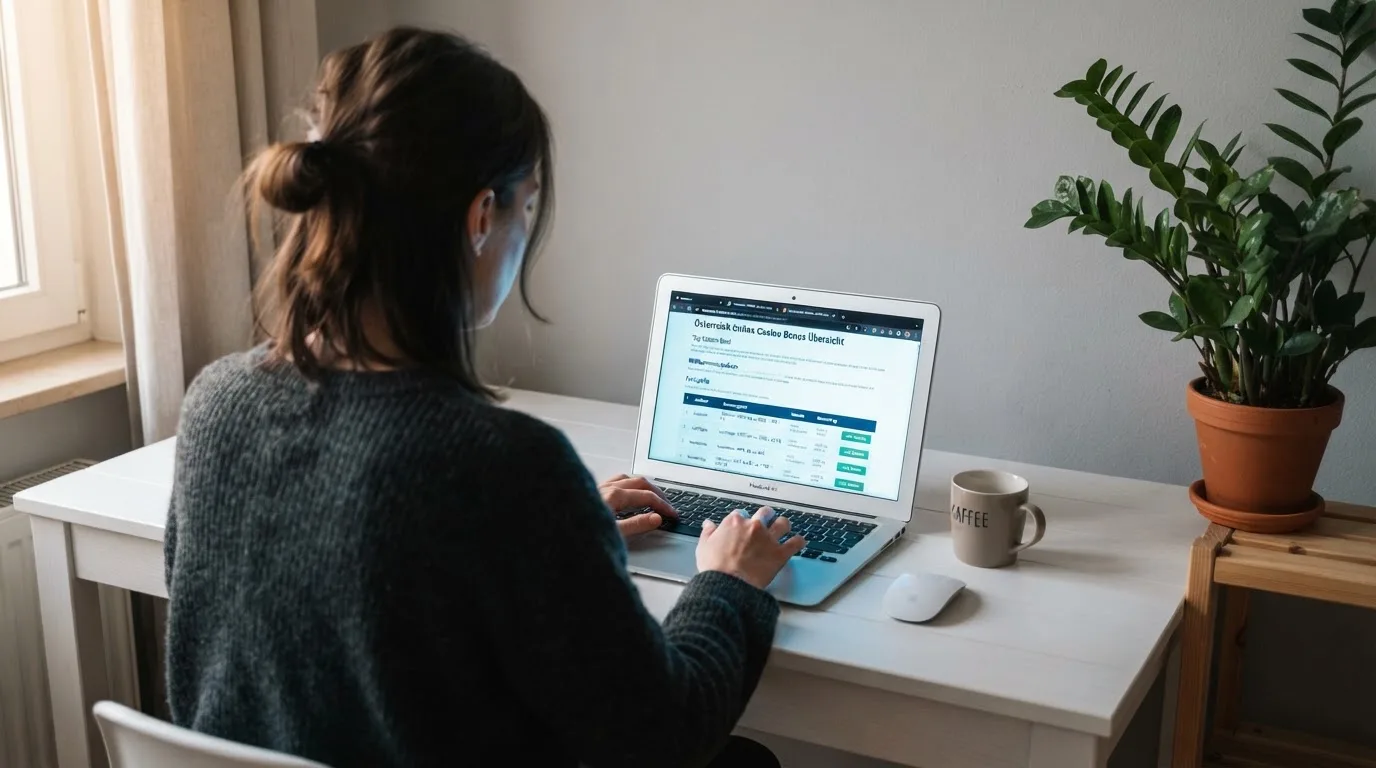 Person am Laptop liest eine Übersichtsseite zu Glücksspielen im Internet — 10 euro bonus ohne einzahlung casino