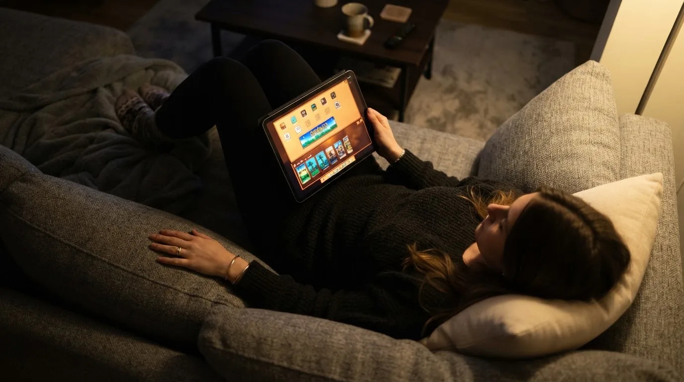 Person sitzt entspannt auf einem Sofa und blickt konzentriert auf ein Tablet in gedämpftem Wohnzimmerlicht am Abend.