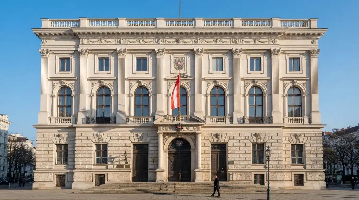Fassade eines klassizistischen Wiener Amtsgebäudes mit österreichischer Flagge an einem klaren Nachmittag.