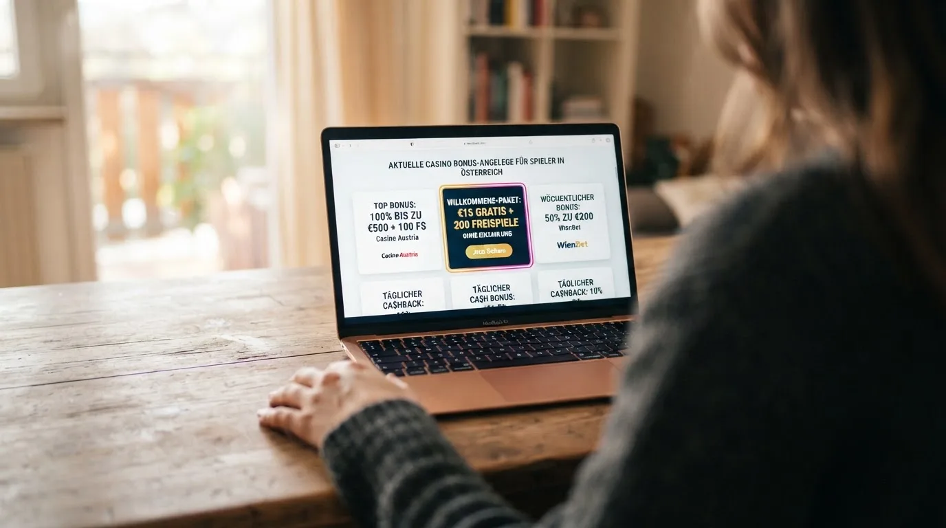 Person am Laptop liest eine Übersichtsseite zu Glücksspielen im Internet — 15 euro bonus ohne einzahlung casino
