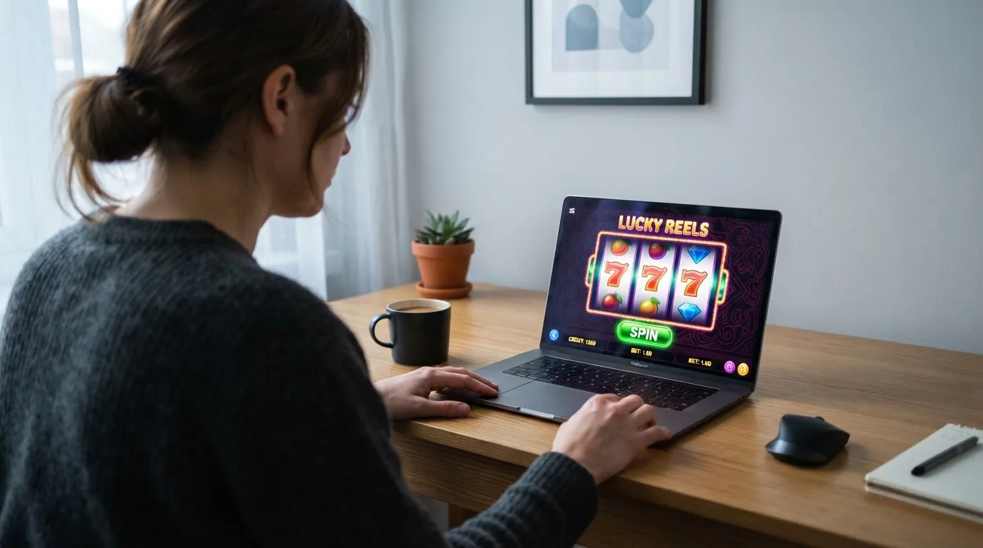 Person am Laptop liest eine Übersichtsseite zu Glücksspielen im Internet — 150 freispiele ohne einzahlung