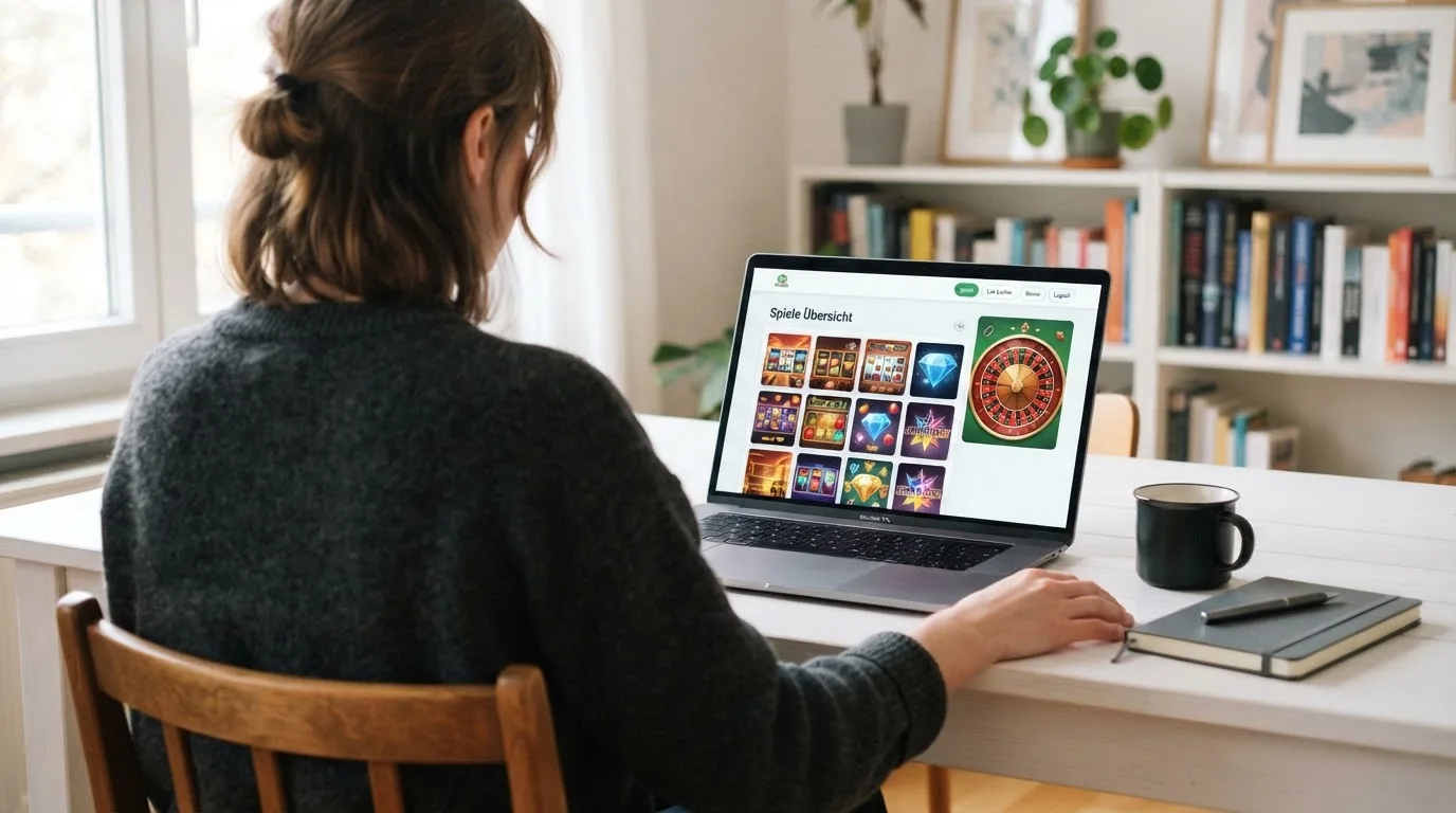 Person am Laptop liest eine Übersichtsseite zu Glücksspielen im Internet — 20 euro bonus ohne einzahlung casino