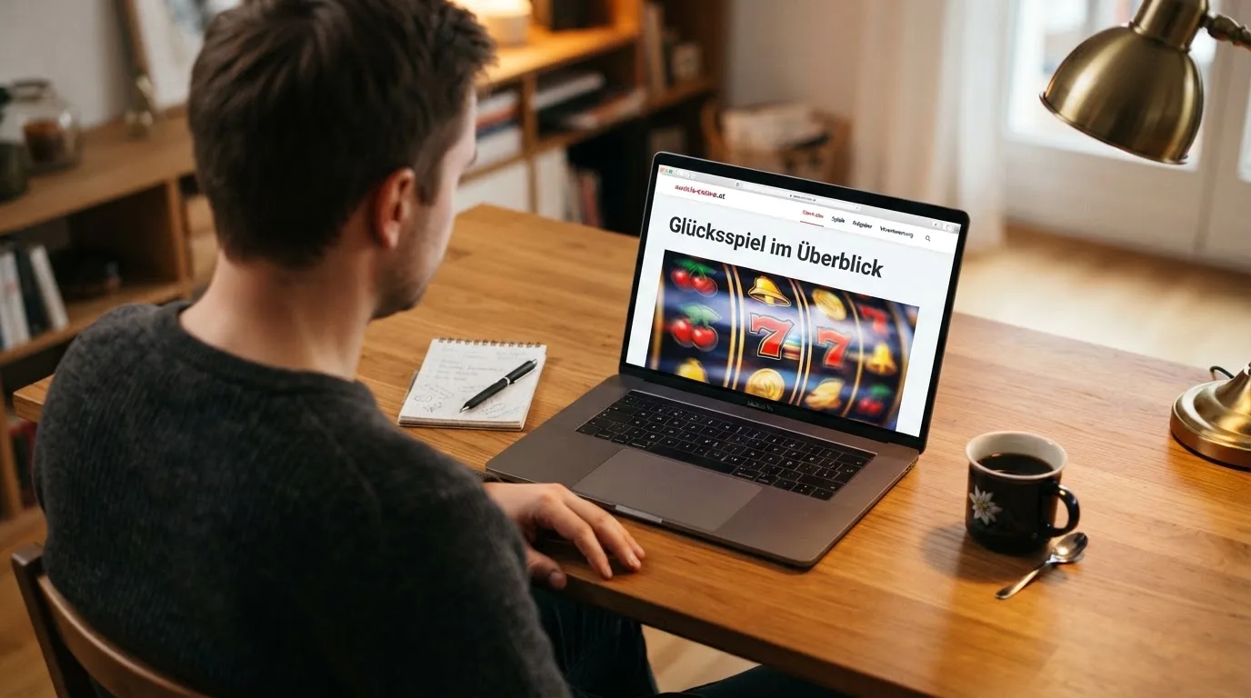 Person am Laptop liest eine Übersichtsseite zu Glücksspielen im Internet — 20 freispiele ohne einzahlung