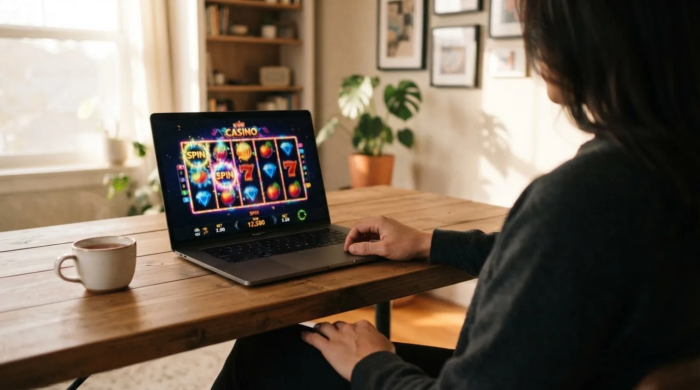 Person am Laptop liest eine Übersichtsseite zu Glücksspielen im Internet — 30 euro bonus ohne einzahlung casino