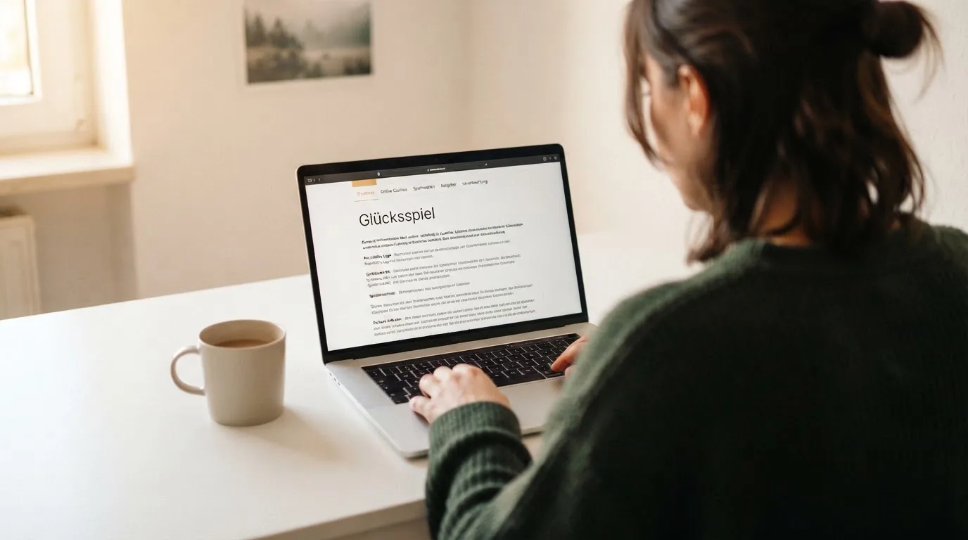 Person am Laptop liest eine Übersichtsseite zu Glücksspielen im Internet — 40 euro bonus ohne einzahlung casino