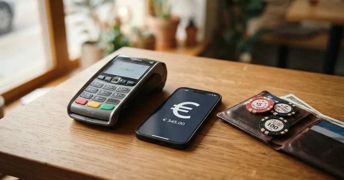 Kartenterminal und Smartphone auf einem Holztisch neben einer Geldbörse — 40 euro bonus ohne einzahlung casino