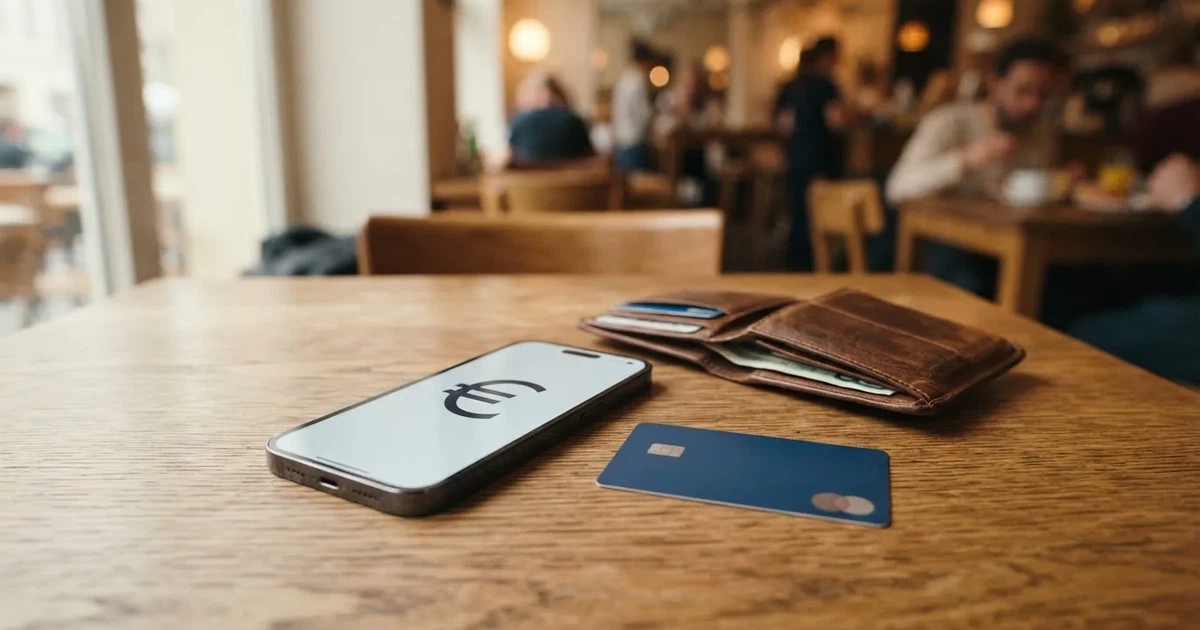 Kartenterminal und Smartphone auf einem Holztisch neben einer Geldbörse — 5 euro bonus ohne einzahlung casino