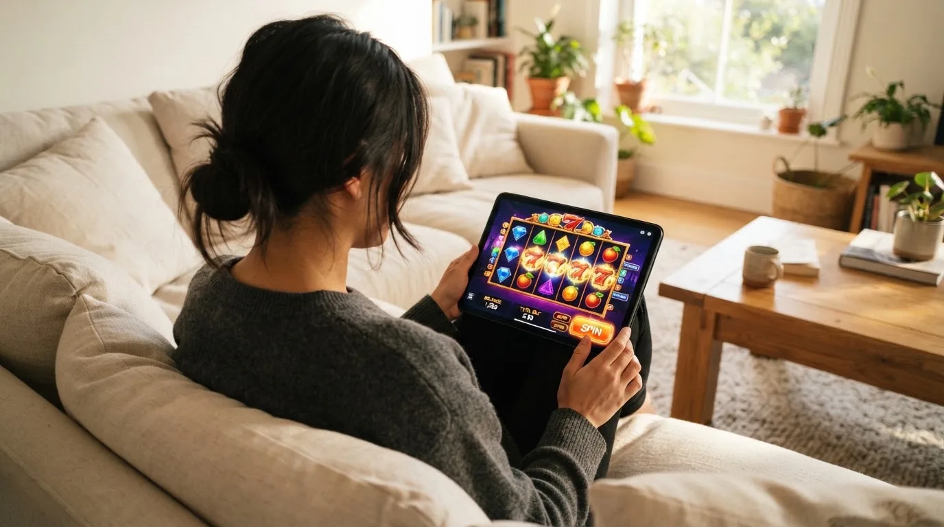 Person sitzt entspannt mit einem Tablet auf dem Schoß in einem hellen Wohnzimmer und blickt konzentriert auf den Bildschirm.