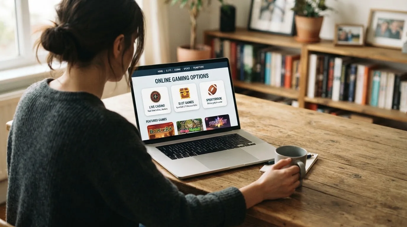 Person am Laptop liest eine Übersichtsseite zu Glücksspielen im Internet — aviator online casino