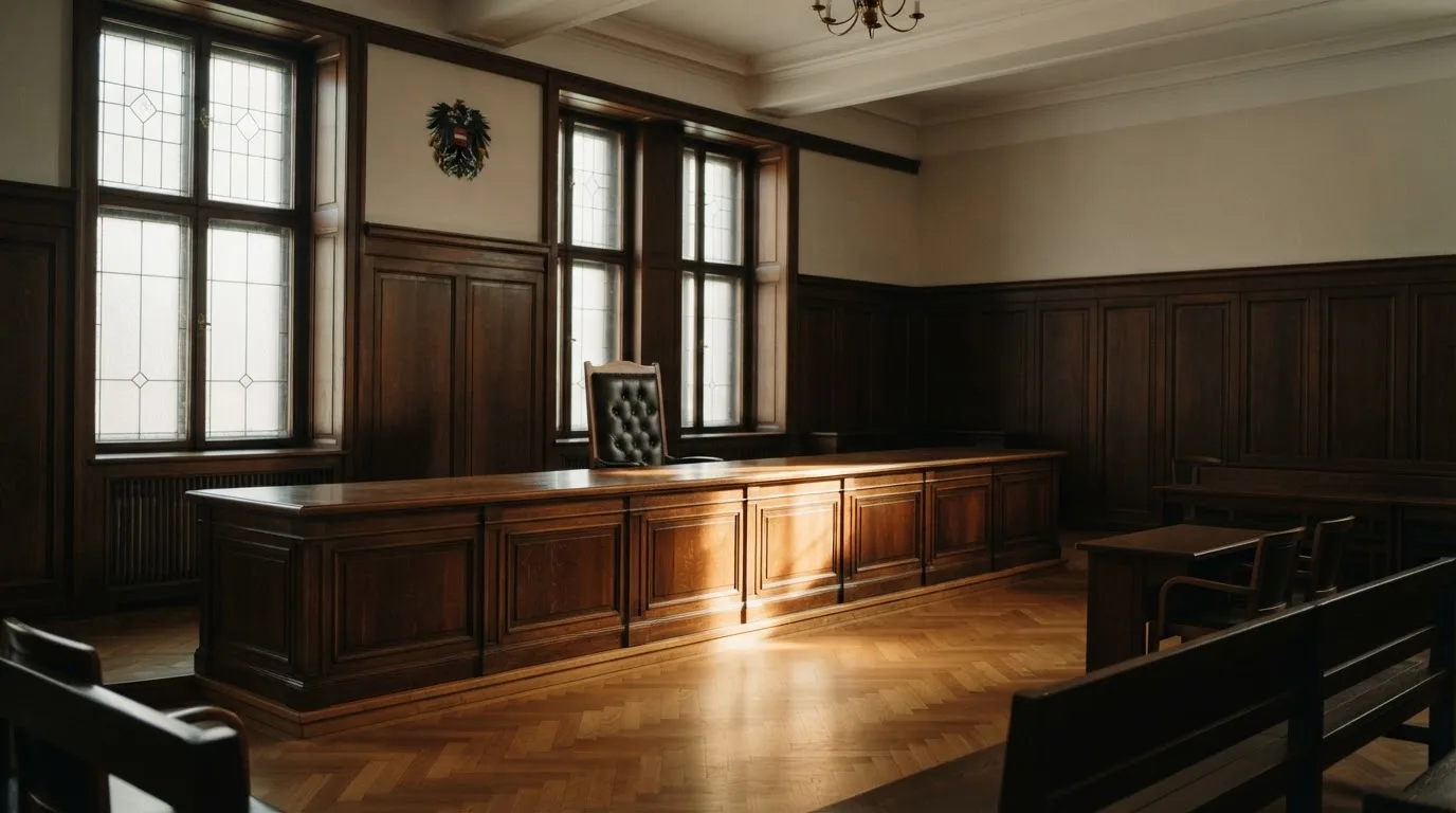 Gerichtssaal mit leerer Richterbank und Holzvertäfelung im Morgenlicht — best crypto casino österreich