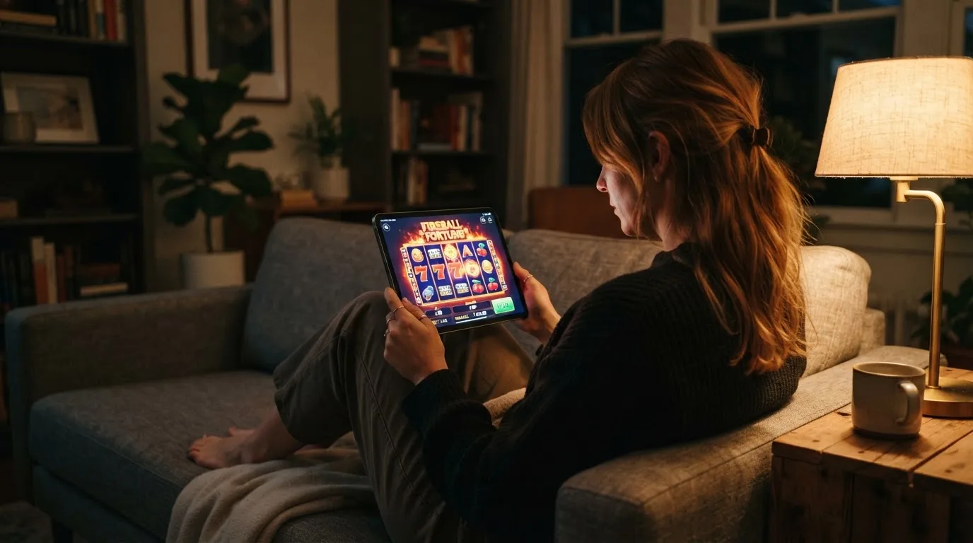 Person sitzt entspannt auf einem Sofa und blickt konzentriert auf ein Tablet in gedämpftem Wohnzimmerlicht am Abend.