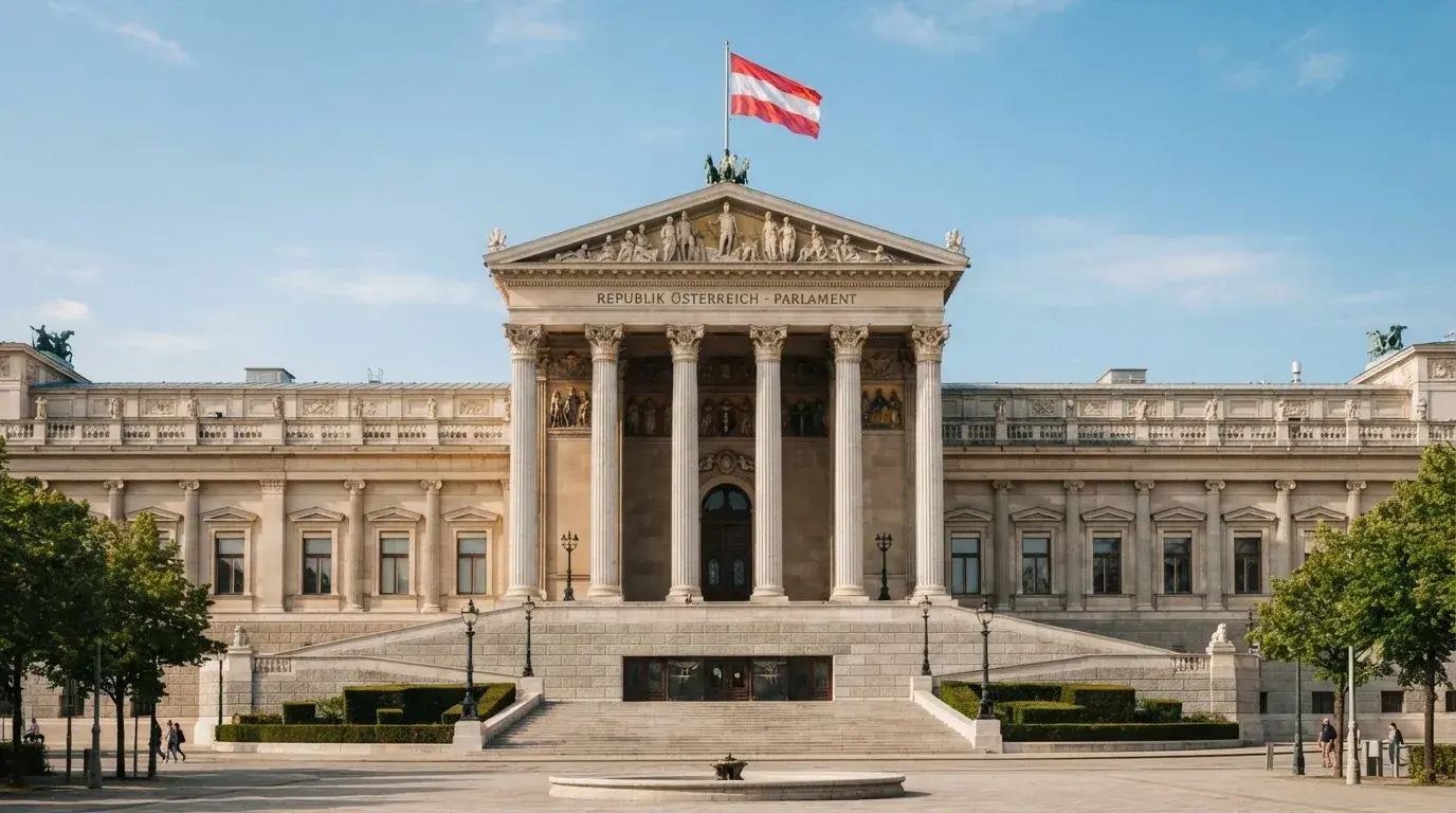 Fassade eines klassizistischen Wiener Amtsgebäudes mit österreichischer Flagge an einem klaren Nachmittag.