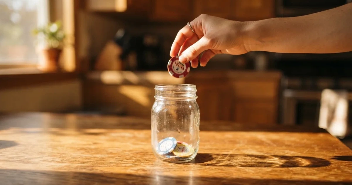 Nahaufnahme einer Hand, die Münzen in ein Sparschwein aus Glas auf einem Holztisch steckt.