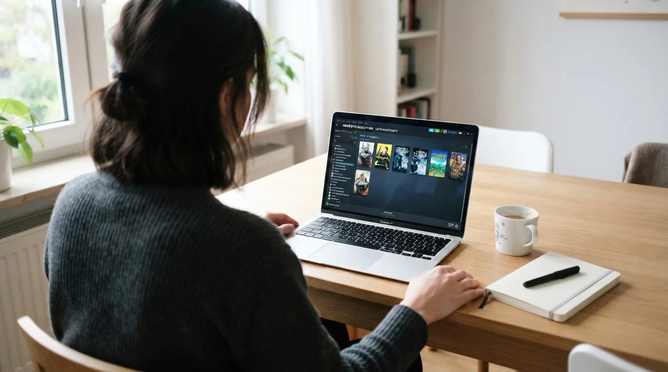 Person am Laptop liest eine Übersichtsseite zu Glücksspielen im Internet — beste live baccarat österreich