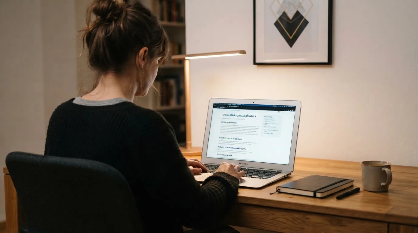 Person am Laptop liest eine Übersichtsseite zu Glücksspielen im Internet — beste online casino ausland