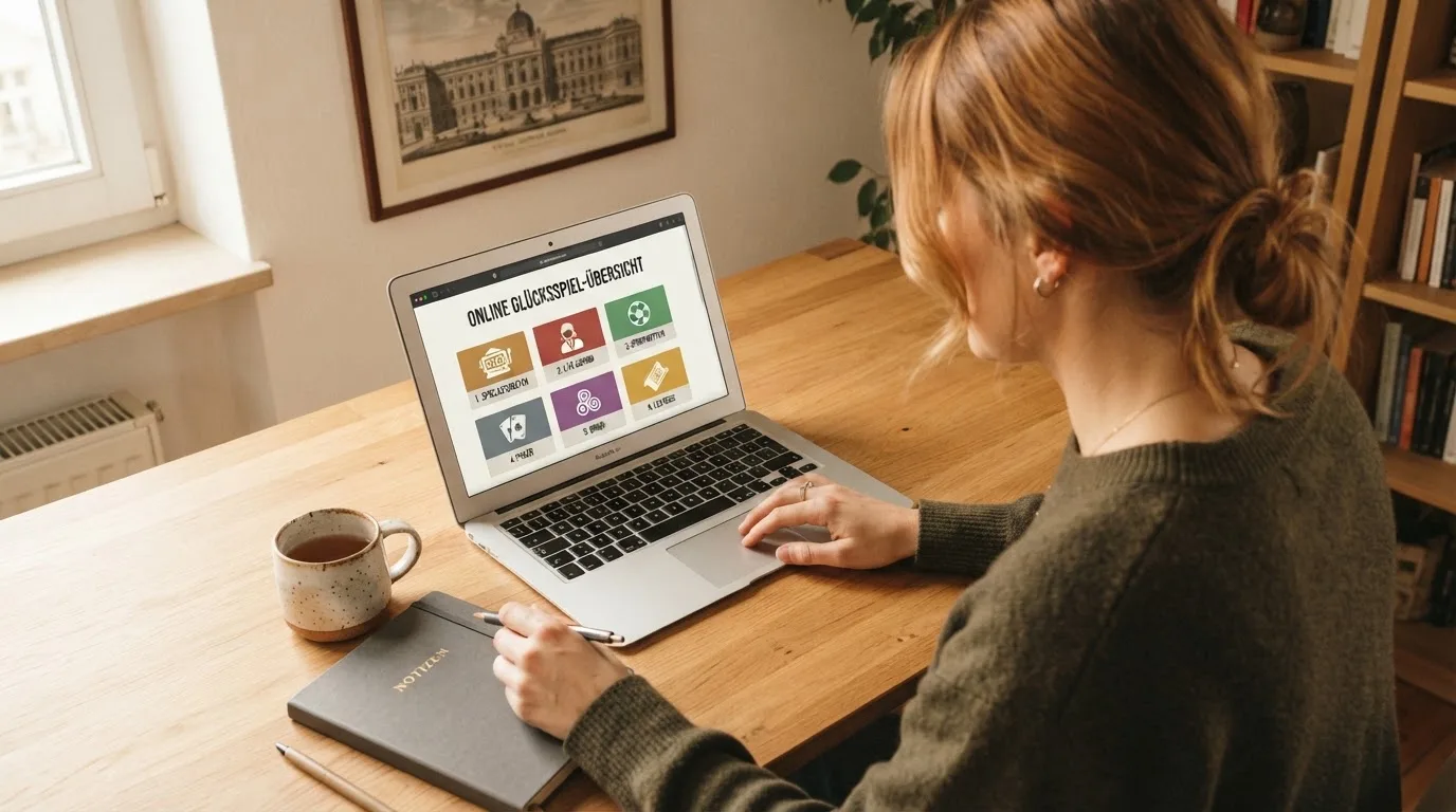 Person am Laptop liest eine Übersichtsseite zu Glücksspielen im Internet — beste online casino echtgeld app