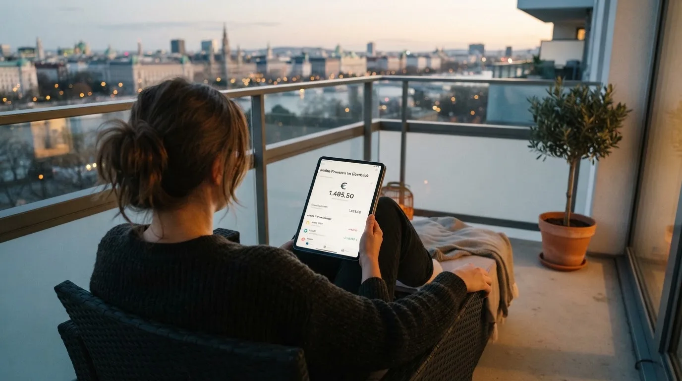 Person sitzt entspannt mit einem Tablet auf dem Balkon eines modernen Apartments.