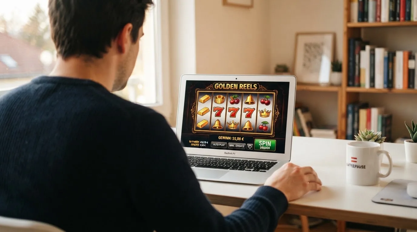 Person am Laptop liest eine Übersichtsseite zu Glücksspielen im Internet — beste online casino mit banküberweisung bezahlen