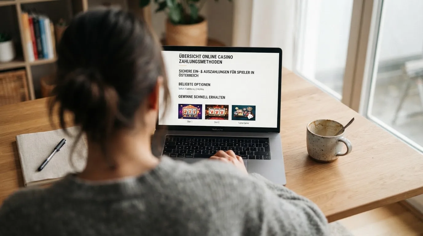 Person am Laptop liest eine Übersichtsseite zu Glücksspielen im Internet — beste online casino mit cashtocode bezahlen
