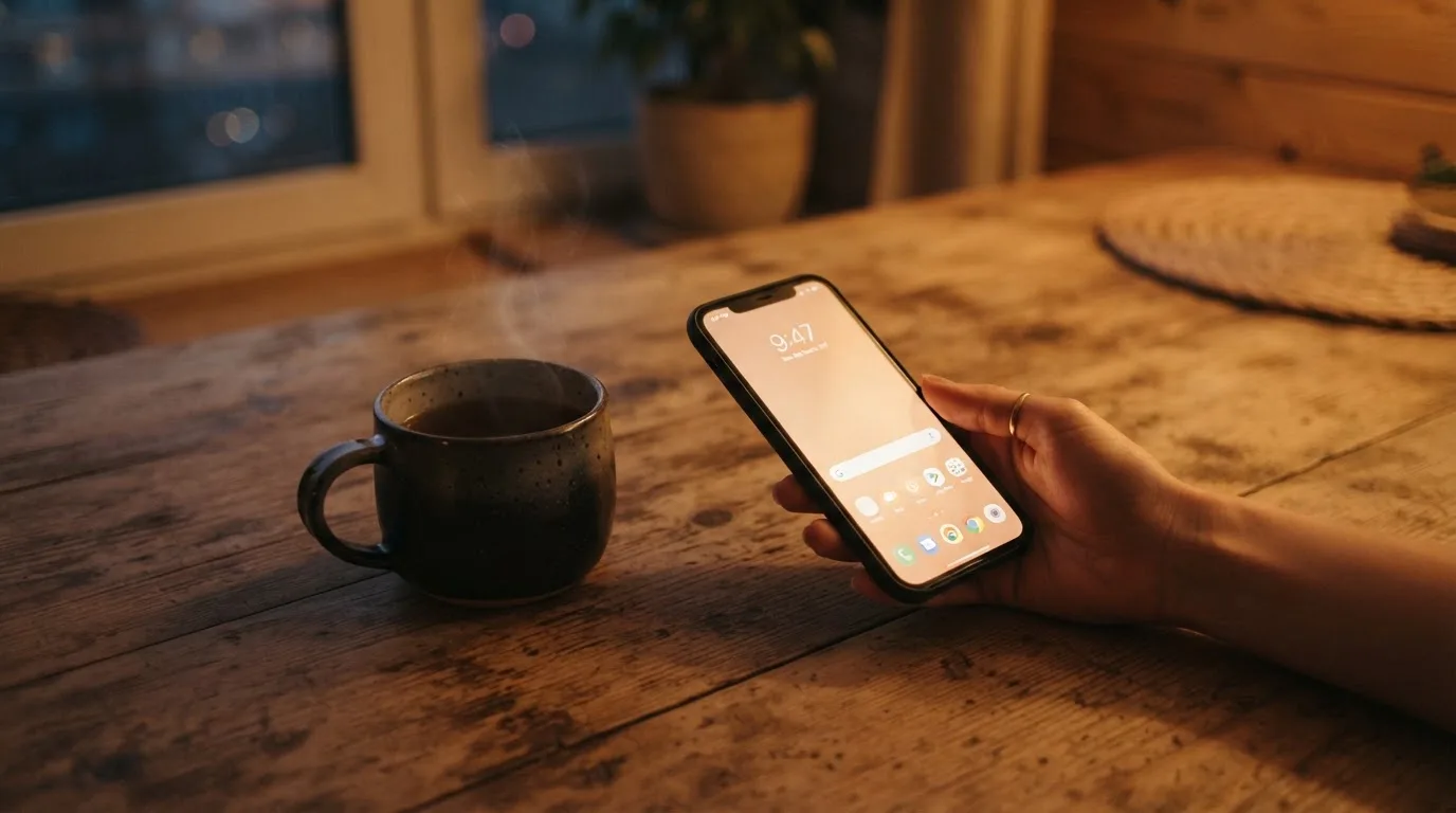 Hand hält ein Smartphone, daneben eine Tasse Tee, ruhige Abendstimmung am Küchentisch — beste online casino österreich