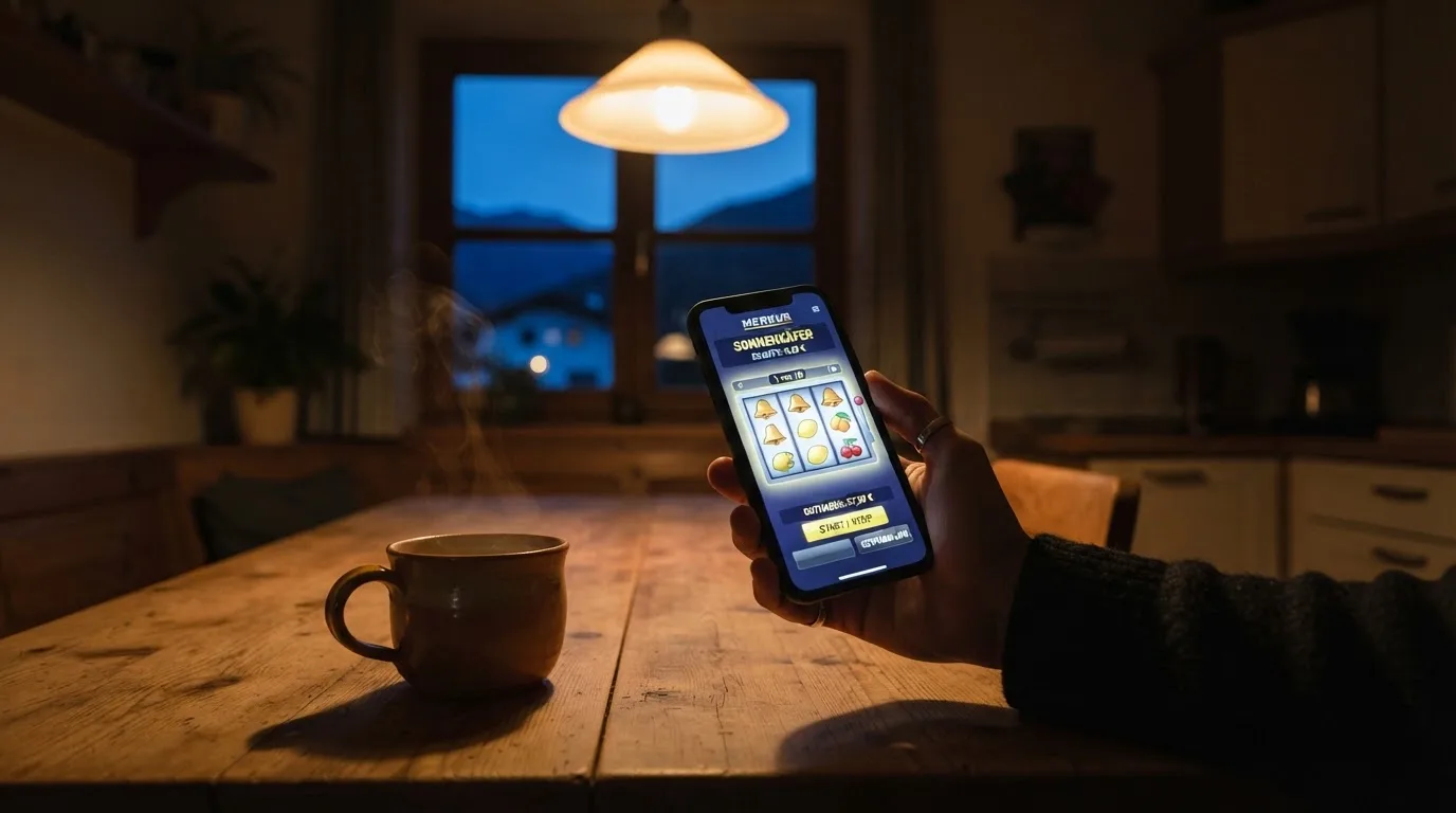 Hand hält ein Smartphone, daneben eine Tasse Tee, ruhige Abendstimmung am Küchentisch — beste online casinos echtgeld