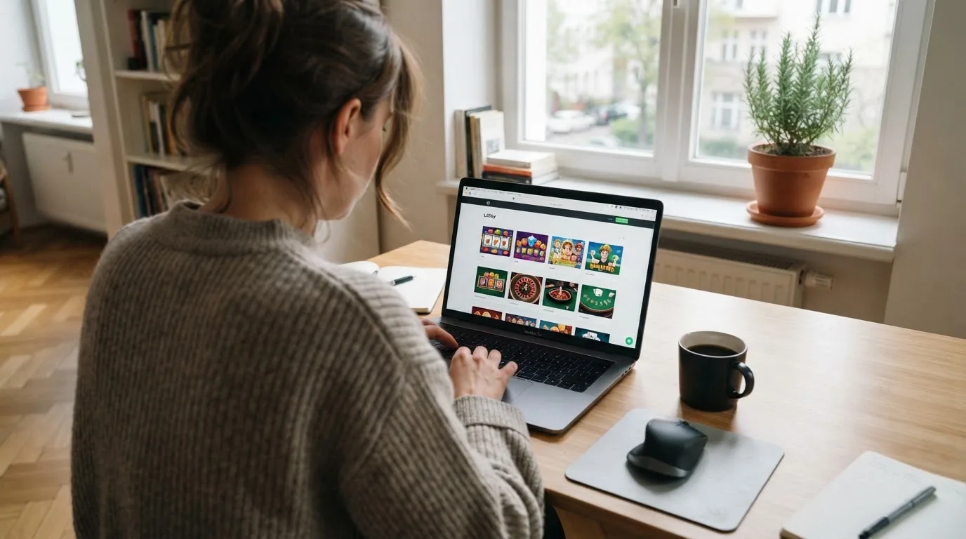 Person am Laptop liest eine Übersichtsseite zu Glücksspielen im Internet — beste online casinos mit österreichischer lizenz