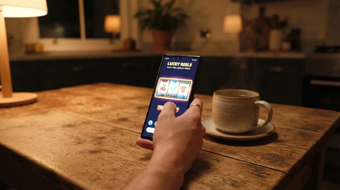 Hand hält ein Smartphone, daneben eine Tasse Tee, ruhige Abendstimmung am Küchentisch — beste online casinos mit österreichischer lizenz