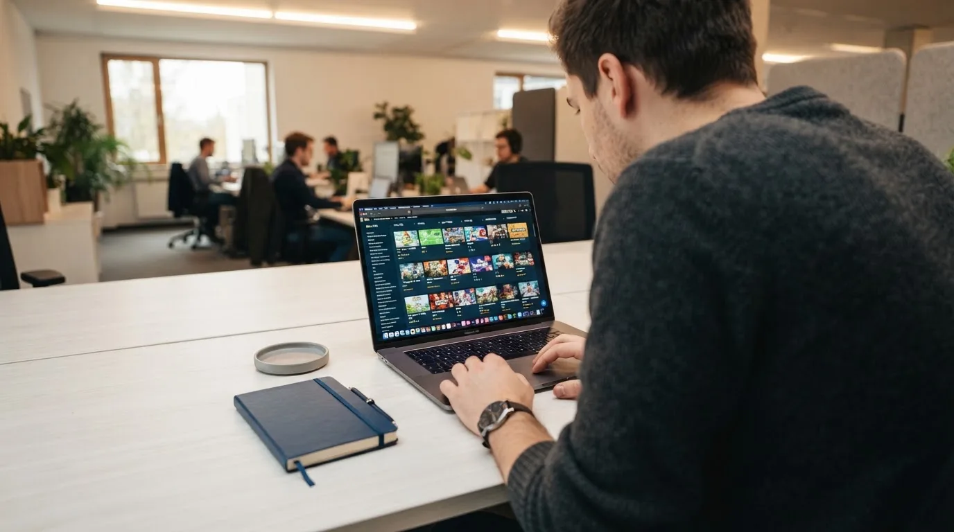 Person am Laptop liest eine Übersichtsseite zu Glücksspielen im Internet — beste online casinos österreich mit no deposit bonus