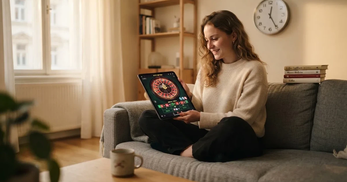 Person am Sofa schaut nachdenklich auf ein Tablet, im Hintergrund eine Uhr — beste online casinos österreich mit no deposit bonus