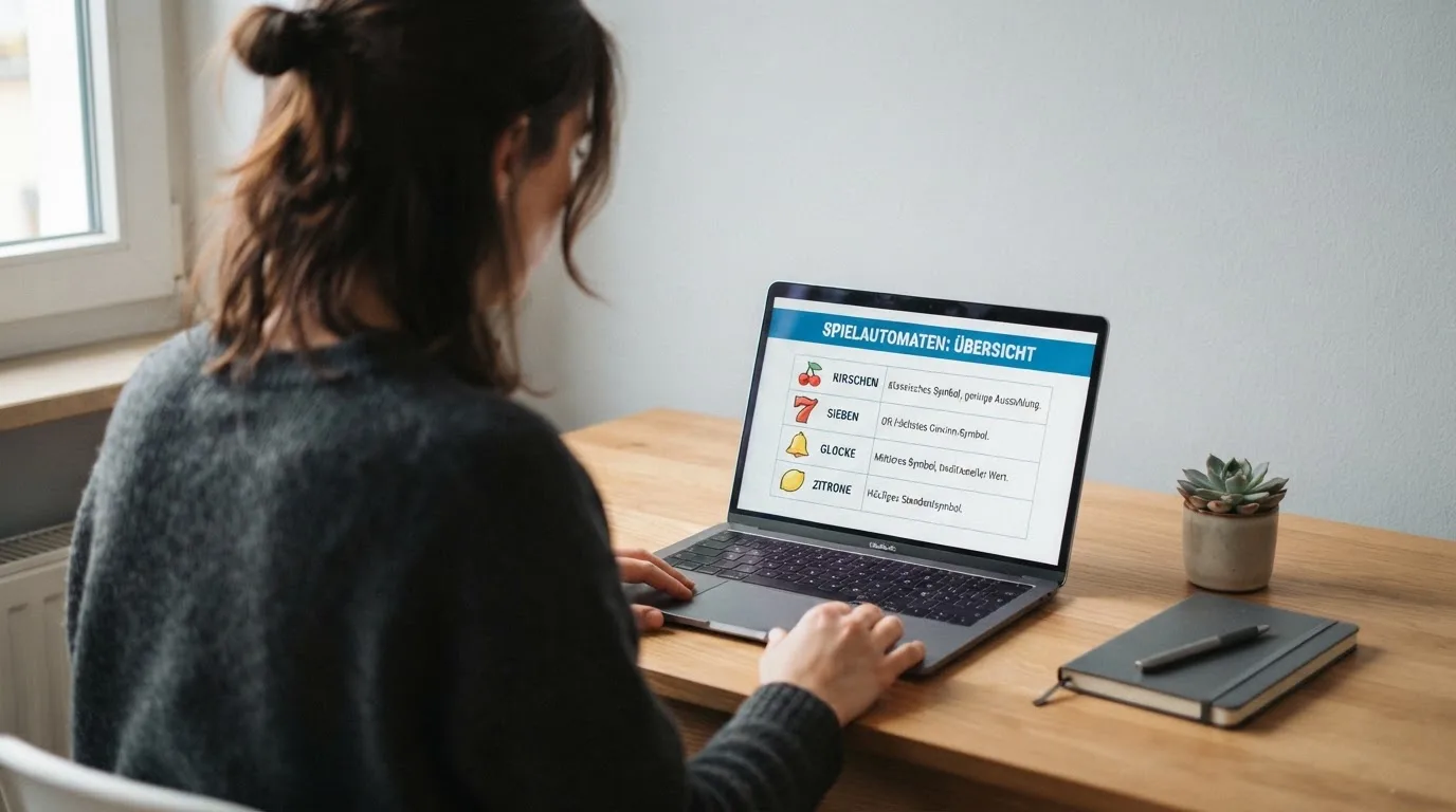 Person am Laptop liest eine Übersichtsseite zu Glücksspielen im Internet — beste online casinos ohne limit