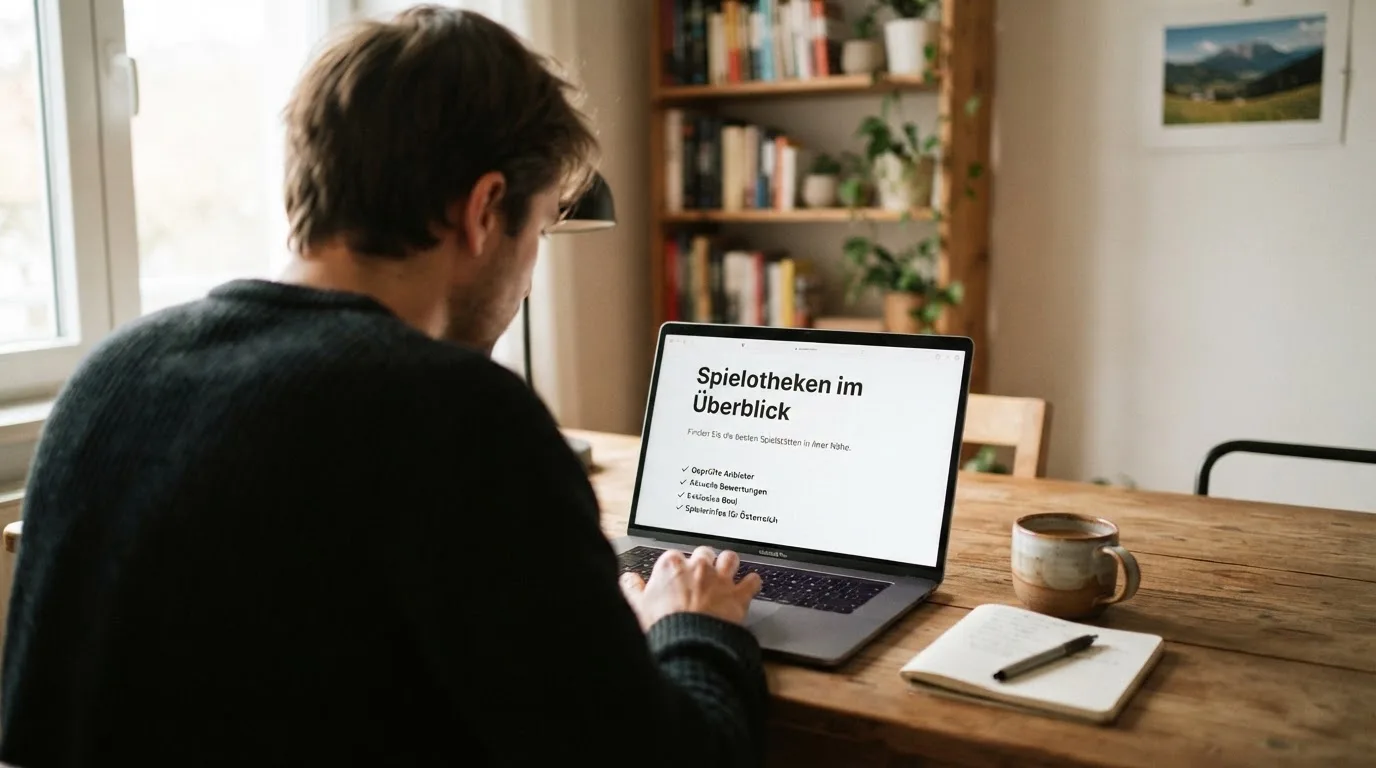 Person am Laptop liest eine Übersichtsseite zu Glücksspielen im Internet — beste online spielothek casinos