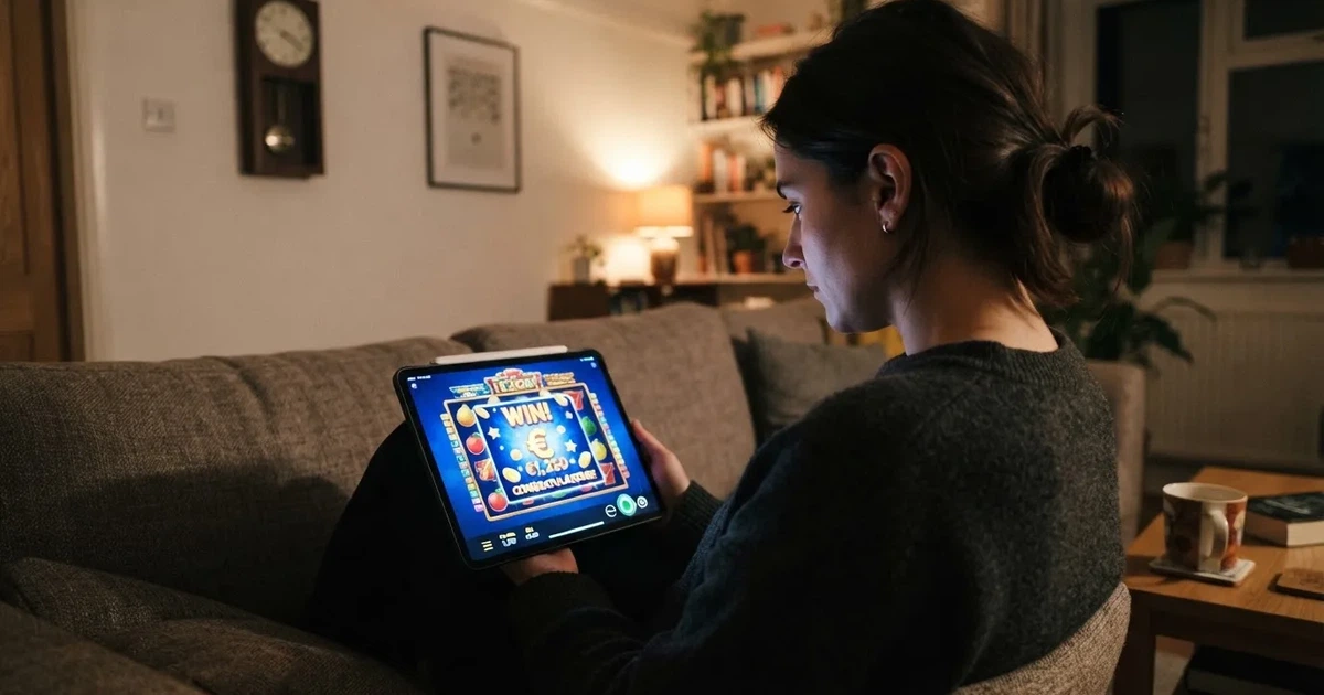 Person am Sofa schaut nachdenklich auf ein Tablet, im Hintergrund eine Uhr — bester willkommensbonus online casino