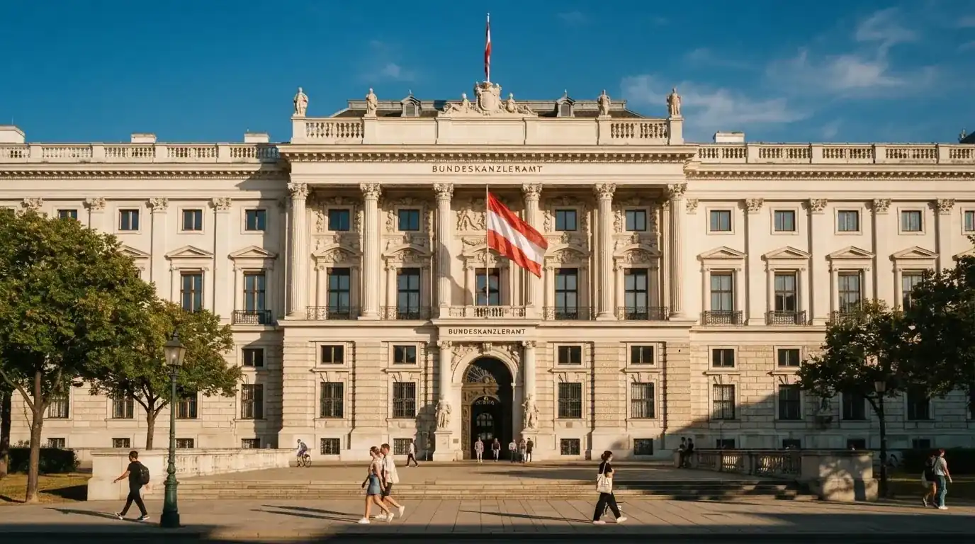 Fassade eines klassizistischen Wiener Amtsgebäudes mit österreichischer Flagge an einem klaren Nachmittag.