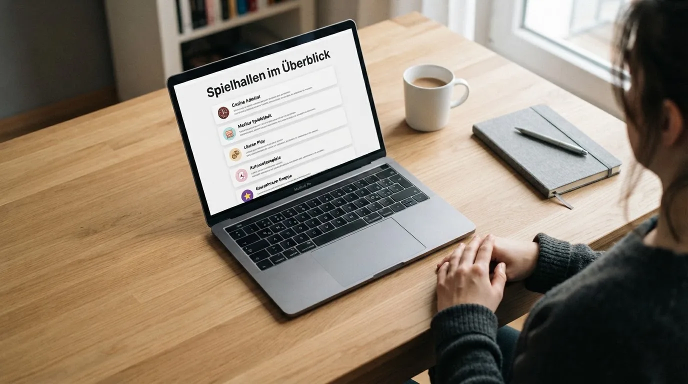Person am Laptop liest eine Übersichtsseite zu Glücksspielen im Internet — binance coin casino vergleich