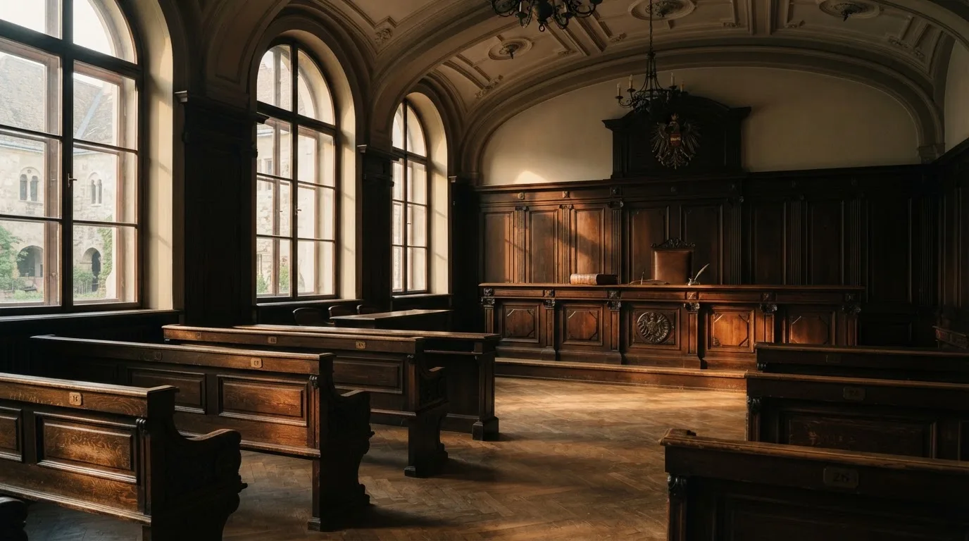 Gerichtssaal mit leerer Richterbank und Holzvertäfelung im Morgenlicht — binance coin casino vergleich