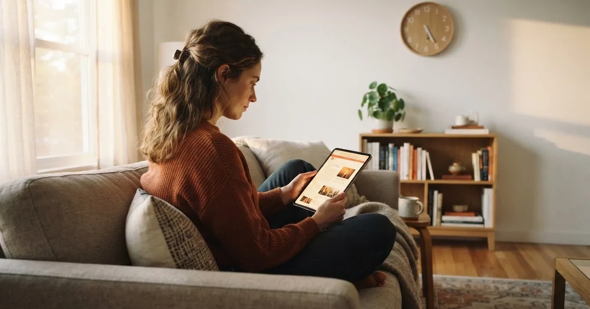 Person am Sofa schaut nachdenklich auf ein Tablet, im Hintergrund eine Uhr — casino bonus ohne einzahlung