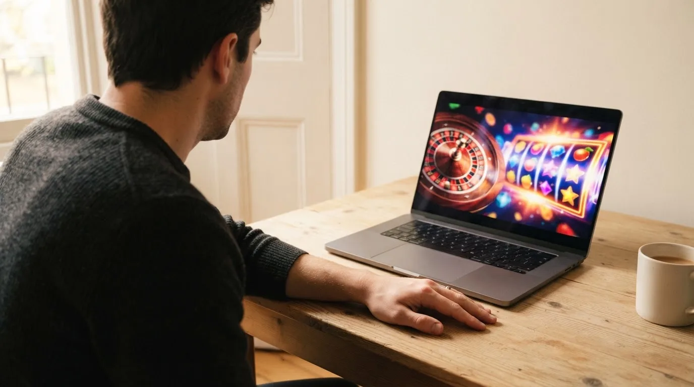 Person am Laptop liest eine Übersichtsseite zu Glücksspielen im Internet — casino guthaben ohne einzahlung