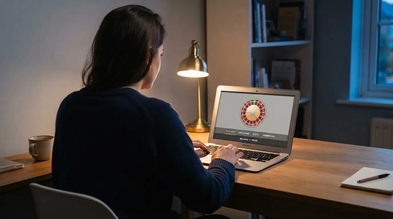 Person am Laptop liest eine Übersichtsseite zu Glücksspielen im Internet — casino mit hoher gewinnchance