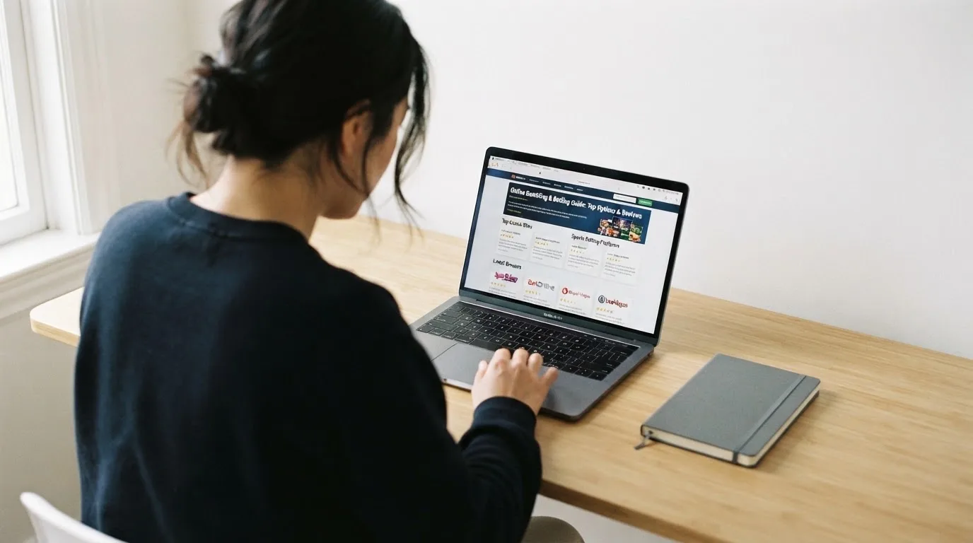 Person am Laptop liest eine Übersichtsseite zu Glücksspielen im Internet — casino online mit bonus ohne einzahlung