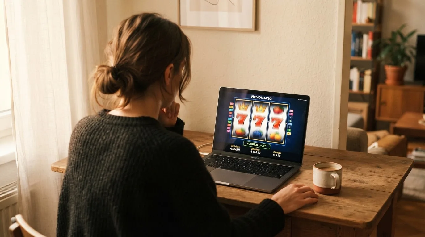 Person am Laptop liest eine Übersichtsseite zu Glücksspielen im Internet — online casino mit autoplay