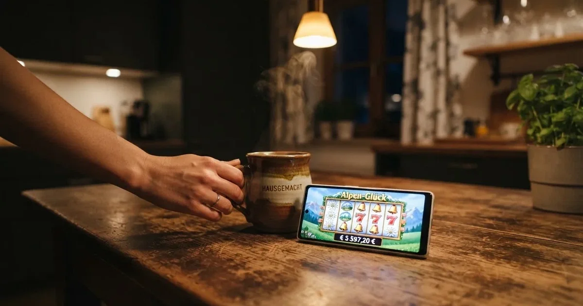 Hand hält ein Smartphone, daneben eine Tasse Tee, ruhige Abendstimmung am Küchentisch — online casino ohne auszahlungslimit