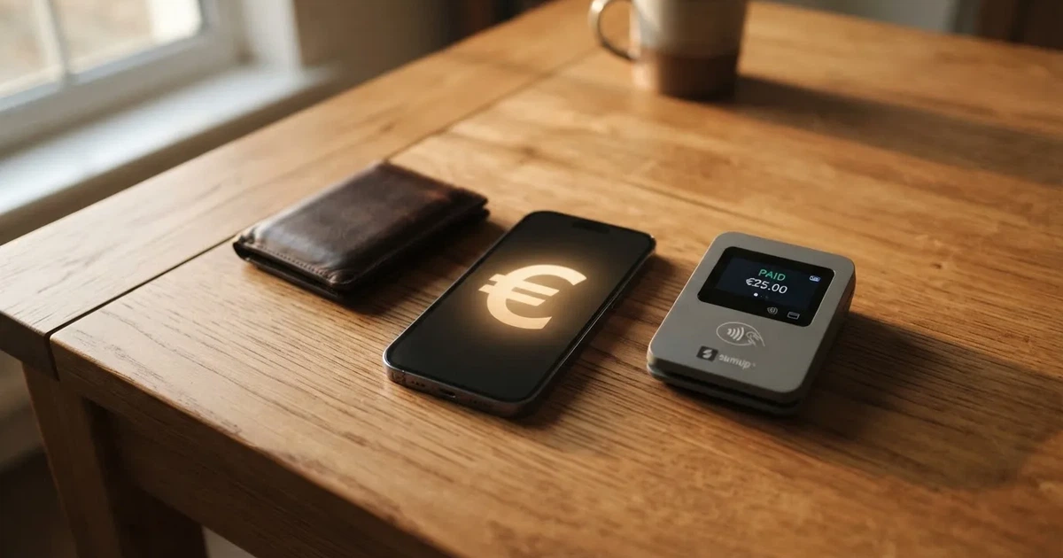 Kartenterminal und Smartphone auf einem Holztisch neben einer Geldbörse — online casino schnelle auszahlung